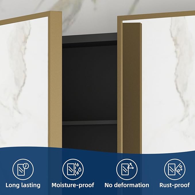 Bathroom Medicine Cabinet with Mirror 24 x 30 Inch, Brush Gold Medicine Cabinet Recessed or Surface Wall-Mounted, Mirrored Cabinets with Sturdy Metal Adjustable Shelves for Bathroom Vanity