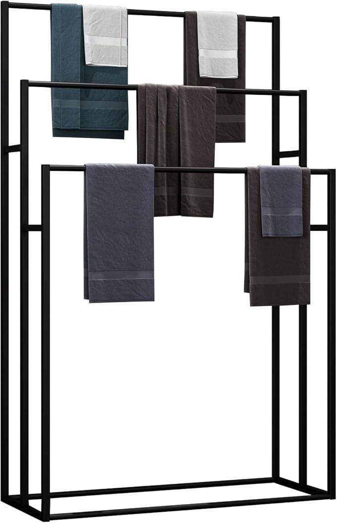 3 Tier Standing Towel Rack - Extra Wide Large Bathroom Towel Stand, Heavy-Duty Metal Towel Drying Rack for Poolside (Matte Black, 25.6” Wide)