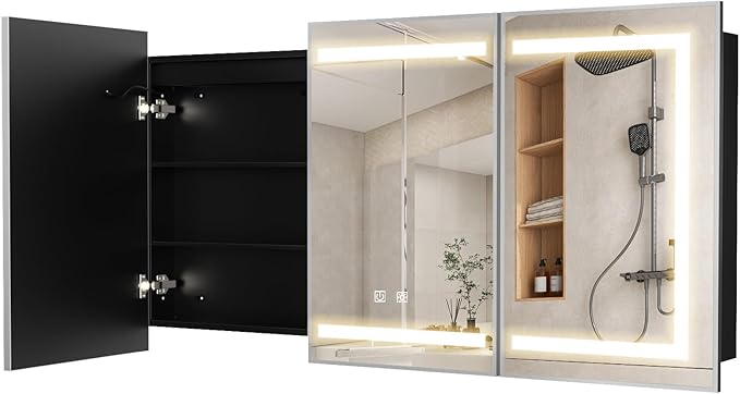 APRILSOUL 48x32 Inch Lighted Bathroom Medicine Cabinet with Mirror, Silver Recessed or Surface Mount Medicine Cabinet Mirror with Storage and LED Lights, 3 Colors Temperature, Dimmable Light