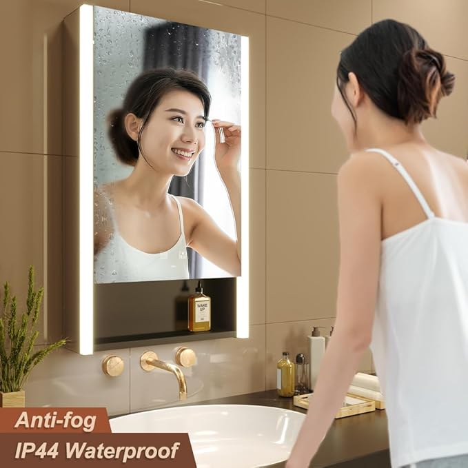 KWW LED Lighted Bathroom Medicine Cabinet with Sockets & USBs, Defogger, Dimmable, 3 Color Light Makeup Mirror, Easy to Install, Wall Mounted Cabinet (Left hinge-21 * 34)