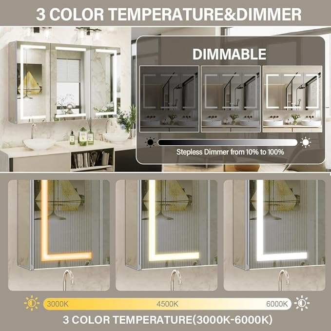 LED Medicine Cabinet,Bathroom Mirror Cabinet with Lights,48×32inch,Equip with Internal Light,Aluminum Construction,USB Shaver Socket,3 Color,Dimmer,Demister,Surface Mounted and Recess Mounted