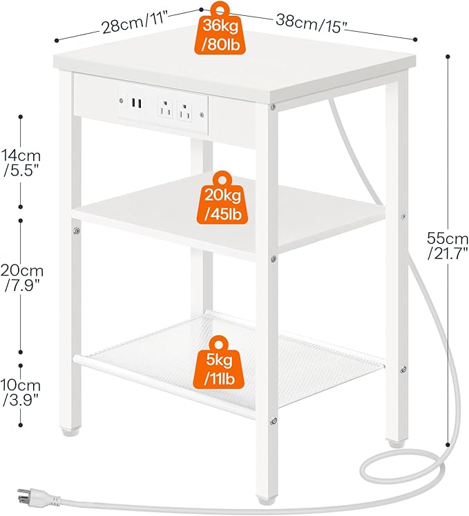 HOOBRO Side Table with Charging Station and USB Port, Small End Table for Small Space, 3-Tier Nightstand with Adjustable Shelf, for Living Room, Bedroom, White WW112BZ01