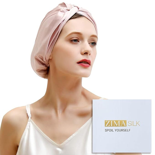 ZIMASILK 22匁 100%桑シルクボンネット 就寝用＆女性ヘアケア用、最高級6Aシルクヘアラップ プレミアムゴムで頭にフィット（1枚、ピンク）