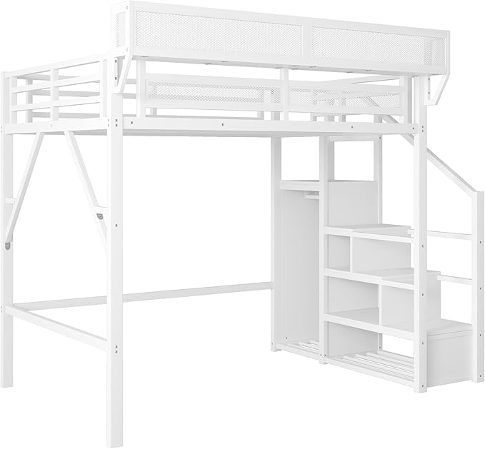 Mirightone Full Size Loft Bed with Stairs and Storage, Metal Loft Bed Frame with Bedside Shelf and Large Under-Bed Space, Heavy-Duty Loft Beds for Adults Teens and Kids, Convertible Staircase, White