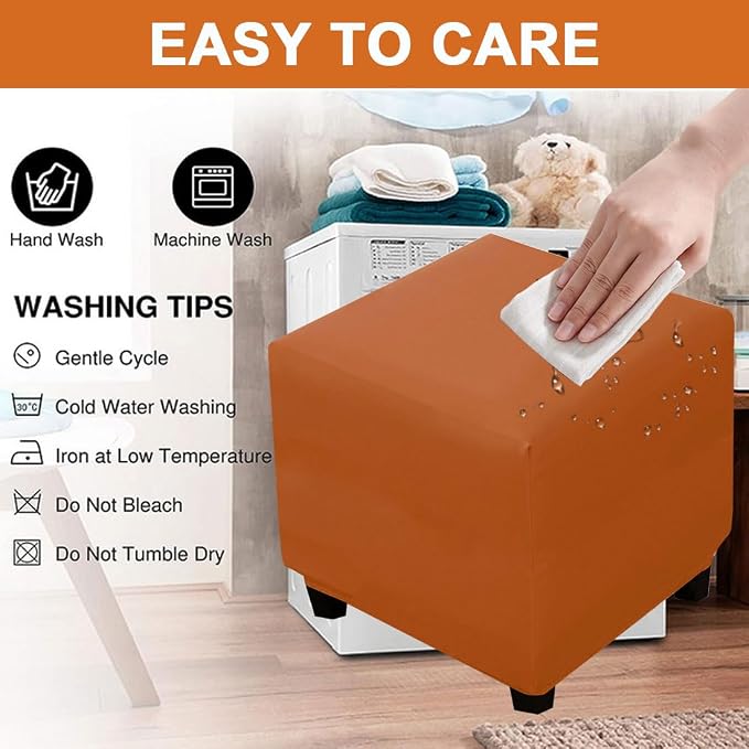 Waterproof Ottoman Cover Square Stretch PU Soft Folding Storage Ottoman Cover with Elastic Bottom Cube Footrest Foot Stool Slipcovers Machine Washable(Medium/Orange)