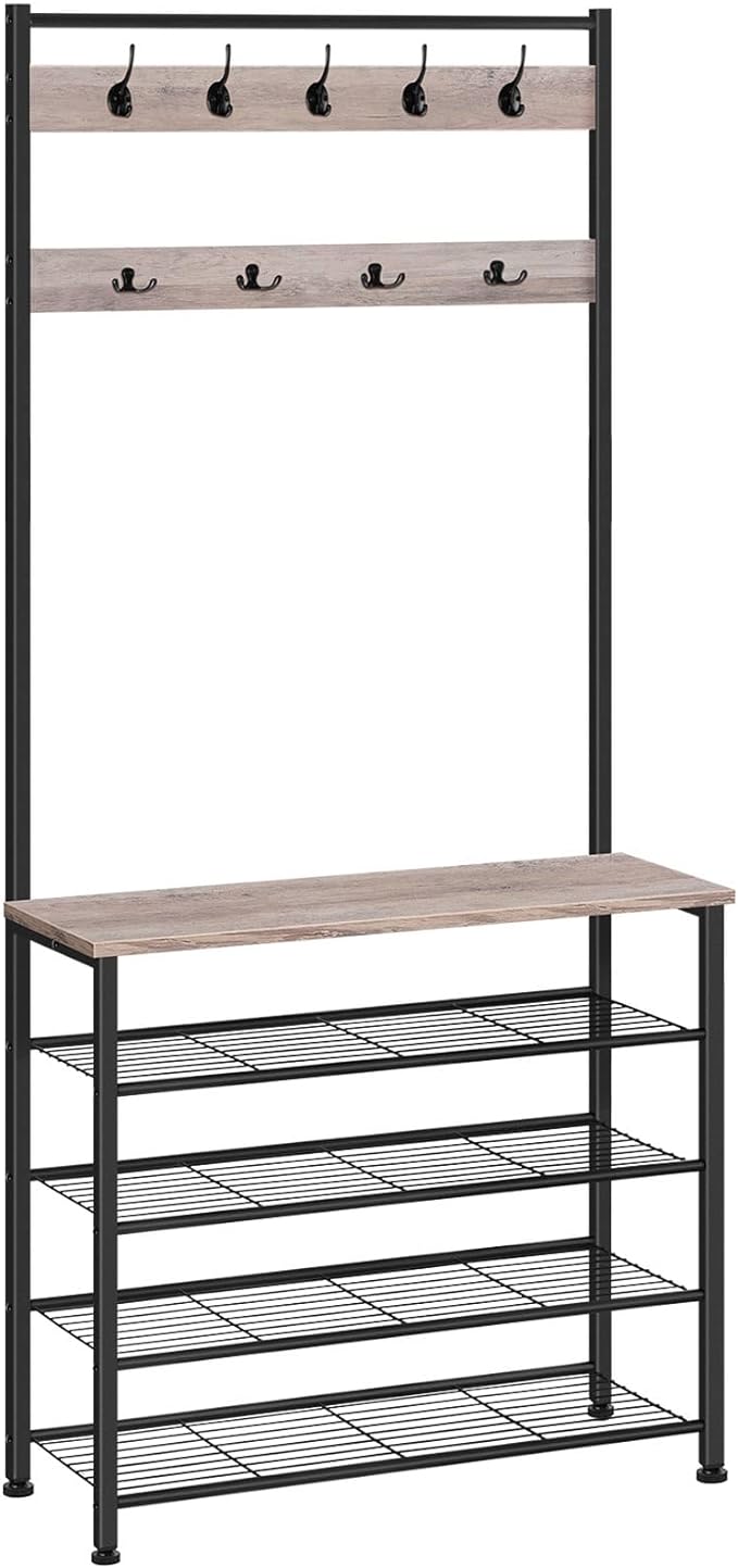 HOOBRO Hall Tree, Coat Rack with Shoe Rack, Hall Tree with Bench, 5 Tier Shoe Storage Organizer with 9 Hooks for Entryway, Closet, Sturdy, Industrial, Greige and Black BG80MT01G2
