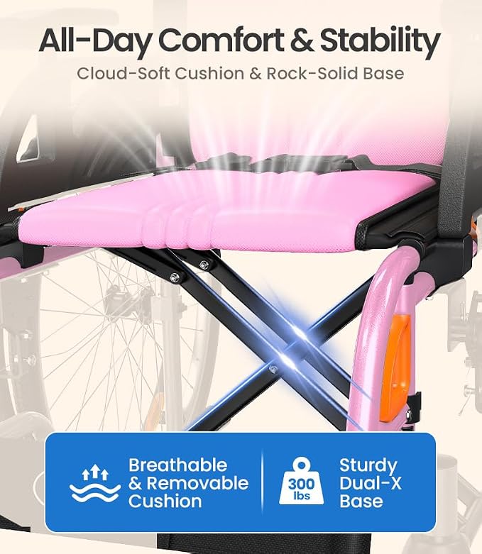 VOCIC Ultra Lightweight Wheelchair for Adults, 23lb Frame Portable Foldable Self-Propelled Wheelchairs for Seniors with Quick Release Wheels, Swing-Away Footrests,Flip-Back Arm, 300 lbs Pink