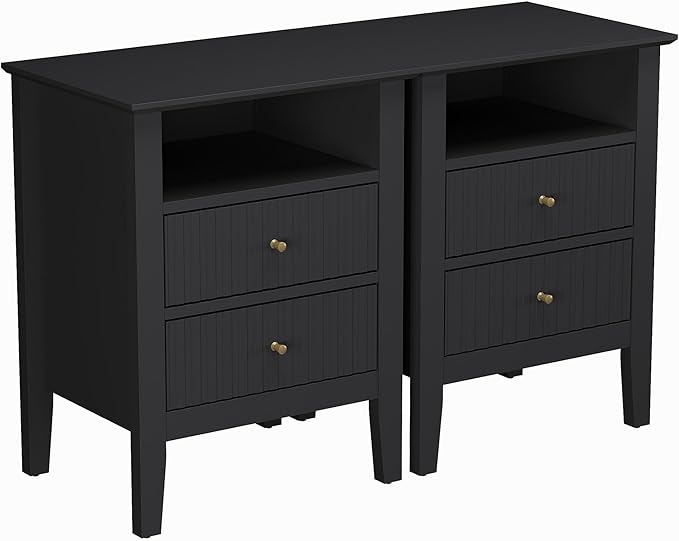RoyalCraft Black Fluted Nightstand Set of 2, Colorful Nightstand with 2 Drawers, Modern Wooden End Table with Storage for Small Spaces, Side Table for Bedroom, Couch, Home Office