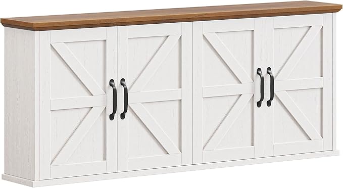 Halitaa 47" Laundry Room Cabinets and Storage with 4 Doors and Utility Adjustable Shelf, Large Wall Mounted Storage Cabinet, Upper Kitchen Cabinet for Laundry, Bathroom, and Kitchen, White and Brown