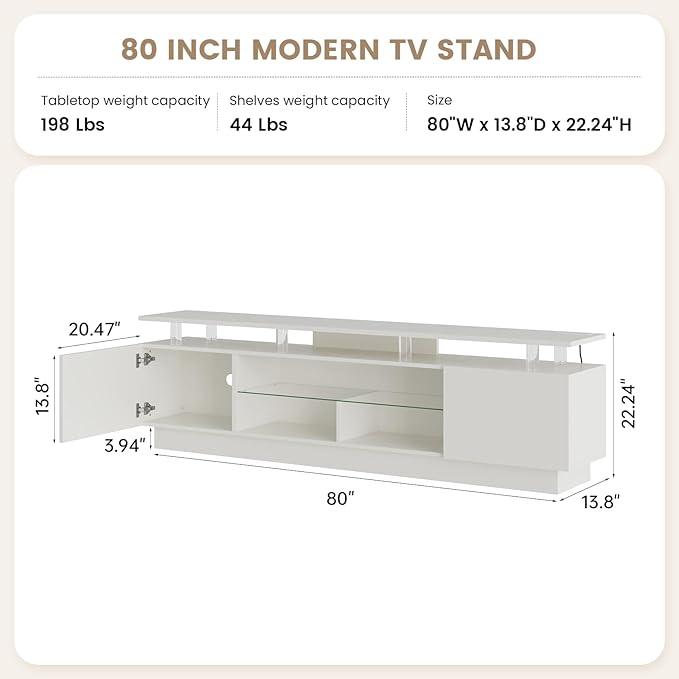 80” High-Glossy TV Stand with 2 Side Cabinets, Storage Entertainment Center, Modern Stylish TV Console with 3 Layer LED Lights&Power Outlets,Remote&APP Control for Living Room Use White