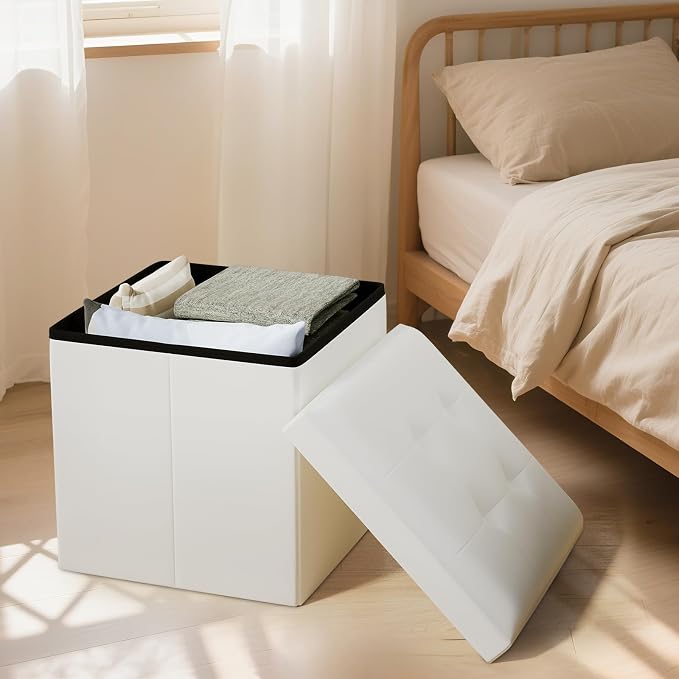 Storage Ottoman Bench, 15 Inch Ottoman Foot Rest, End of Bed Bench, Storage Chest for Living Room, Bedroom, Entryway, White