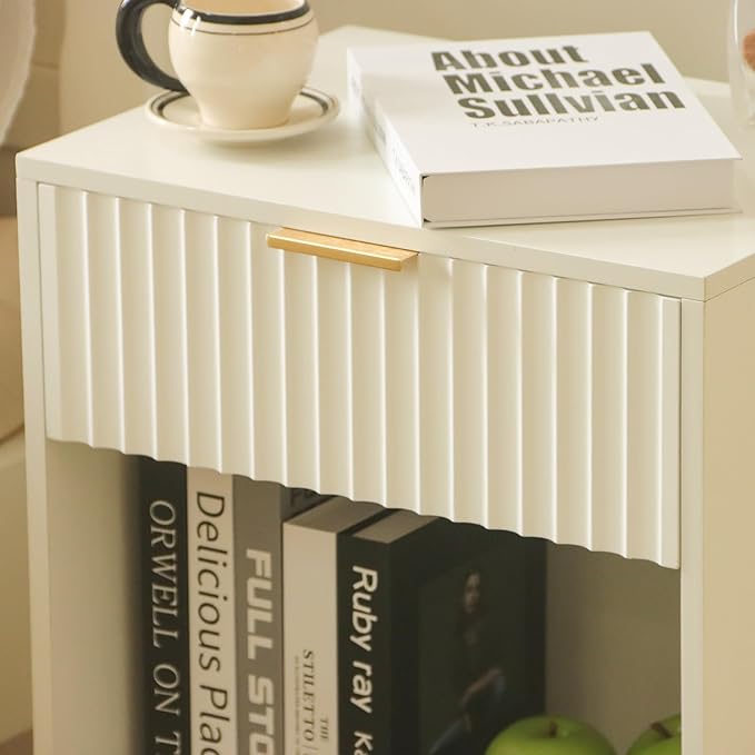 Fultyle White Nightstand, Modern Bedside Table with Drawer and Opening Storage, Fluted End Side Table Living Room with Solid Wood Legs for Bedroom (White)