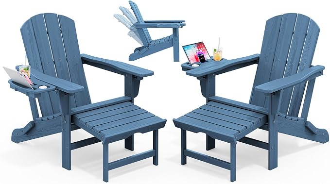 KINGYES Adjustable Folding Adirondack Chair with Footrest & 4-in-1 Multi-Functional Armrest Organizer, HDPE Foldable Recliner Adirondack Chair with Pull-Out Ottoman, Blue