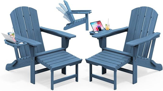 KINGYES Adjustable Folding Adirondack Chair with Footrest & 4-in-1 Multi-Functional Armrest Organizer, HDPE Foldable Recliner Adirondack Chair with Pull-Out Ottoman, Blue