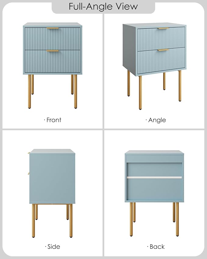 Aienvey Night Stand, Modern Nightstand with Drawers, Bedside Table, Gold Small Side Table for Bedroom, Living Room End Table (Blue Stripe, 2 Drawers)