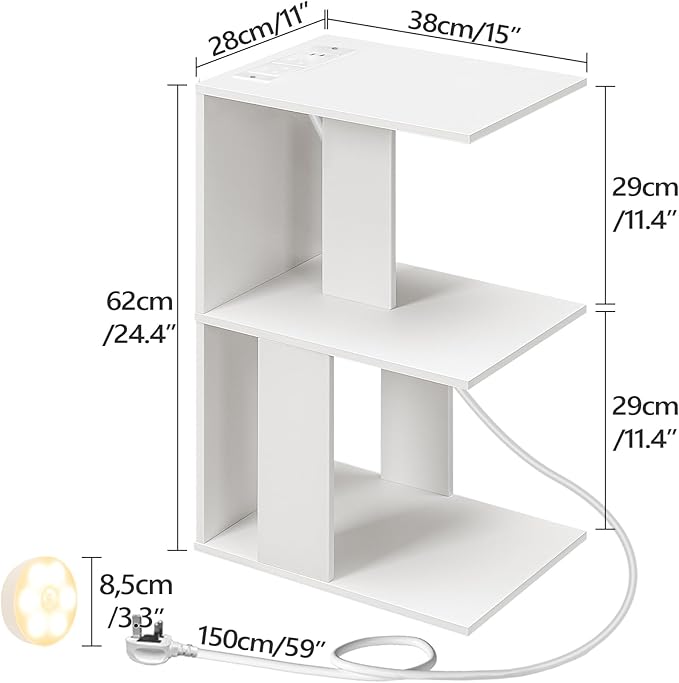 MAHANCRIS End Table with Charging Station, C-Shaped Narrow Side Table with LED Light, White Nightstand with Storage, Narrow Bedside Table for Small Spaces, End Tables Living Room, Bedroom, ETWT18E01Z