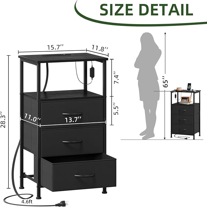 Somdot Black Nightstand with Charging Station and LED Light for Bedroom, Tall 3 Drawers Dresser with Fabric Bins for Bedside Kids Dorm Room Closet Laundry Entryway, Black
