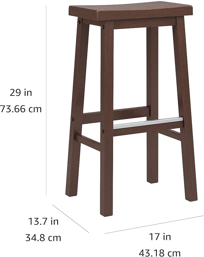 Amazon Basics Solid Wood Saddle-Seat Counter Height Bar Stools for Kitchen Island and Home Bar with Footrest, 29-Inch Height, Walnut, Set of 2