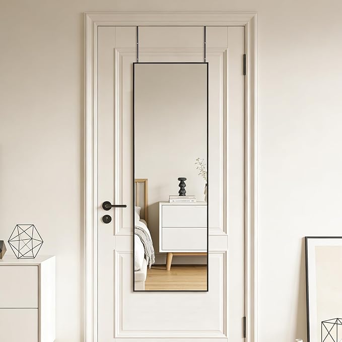 Ruomeng 51x16 Inch Full Length Door Hanging Mirror, Rectangle Full Body Mirror Over The Door, Wall Mounted Metal Aluminum Framed, Tempered Glass Mirror for Bathroom Entryway Bedroom Living Room