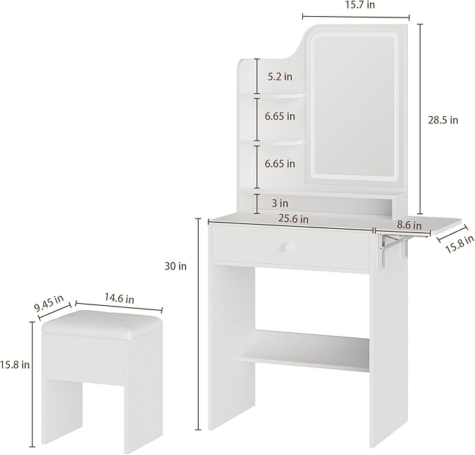 Haewon Small Vanity Desk with Mirror and Lights, Makeup Vanity with Charging Station, Compact Dressing Table Set with Storage Chair, Drawer and Shelves for Bedroom, White