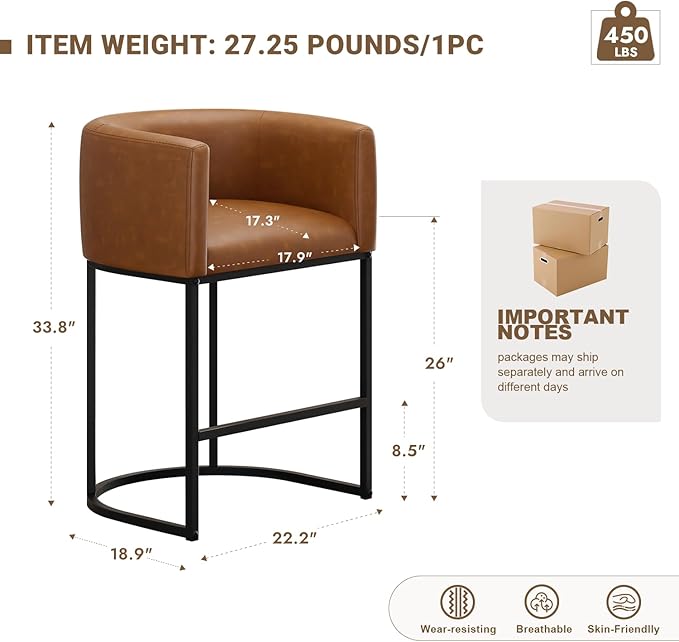 26" H Counter Height Bar Stools Set of 2, Modern Barrel Counter Stools with Backrest and Arms, Faux Leather Upholstered Accent Barstools for Kitchen Island,Support 450 LBS (Walnut Brown)