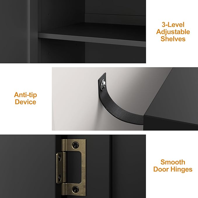 RoyalCraft 63'' Sideboard Buffet Cabinet with Storage, Accent Cabinet Credenza with 4 Doors and Adjustable Shelves, Vintage Media Console for Entryway, Living Room, Kitchen, Satin Black