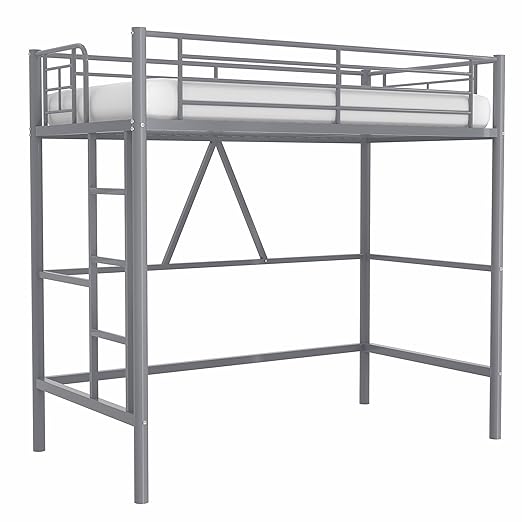 VECELO Metal Loft Bed Twin Size, Heavy Duty Bedframe with Removable Ladder and Safety Guardrail, Space-Saving, Noise Free, No Box Spring Needed, Grey