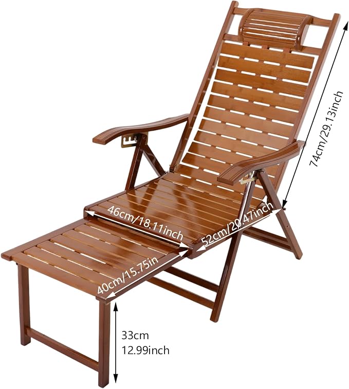 Bamboo Folding Lounge Chair with Footrest & 5-Position Adjustable Backrest, 440lbs Capacity Indoor Outdoor Recliner for Patio, Garden, Balcony, Camping
