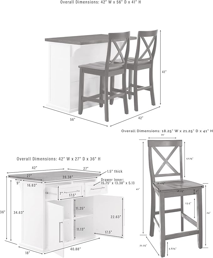 Crosley Furniture Bartlett Kitchen Island with Wood Top and X-Back Stools, White/Black
