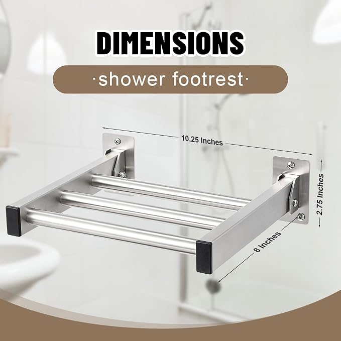 Hicarer Shower Foot Rest Wall Mount Folding Shower Pedestal Ledge 9" x 8" Brushed Finish 304 Stainless Steel Foot Rest Supports 200 Lbs for Safe Leg Shaving, Feet Washing & Bathroom Comfort