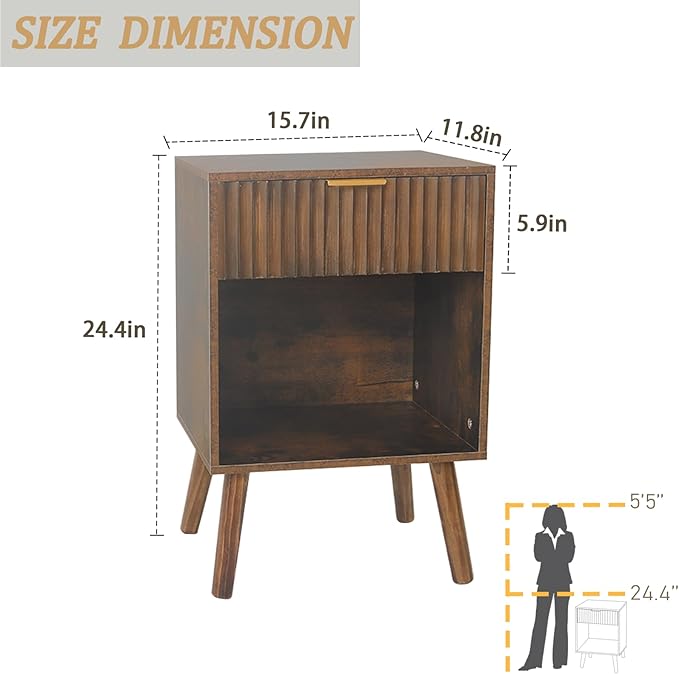 Fultyle Mid Century Modern Nightstand, Wood Bedside Table with Drawer and Opening Storage, End Table Living Room Fluted Night Stand with Solid Wood Legs for Bedroom (Rustic Brown)