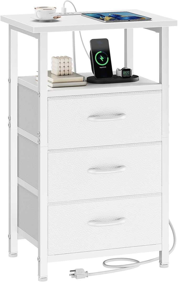 Vagusicc Nightstand with Charging Station, White Bedside Table with USB Ports and Outlet, End Table Side Table with 3 Fabric Drawers and Storage Shelf, Bed Side Table Night Stand for Bedroom, White