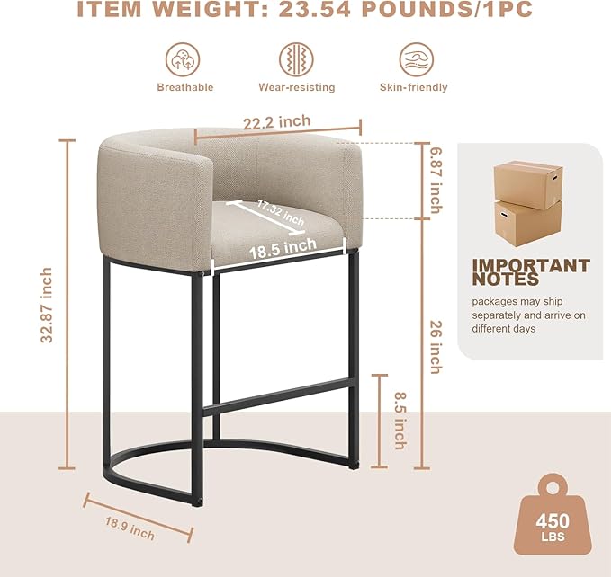 26" H Counter Height Bar Stools Set of 1, Modern Barrel Counter Stools with Backrest and Arms, Linen Fabric Upholstered Accent Barstools for Kitchen Island,Support 450 LBS (Beige)