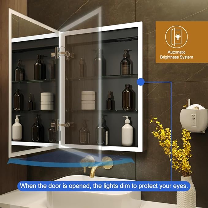 KWW LED Lighted Bathroom Medicine Cabinet with Sockets & USBs, Dimmable, 3 Color Light Makeup Mirror, Easy to Install, Wall Mounted Cabinet (Left hinge-20 * 28)