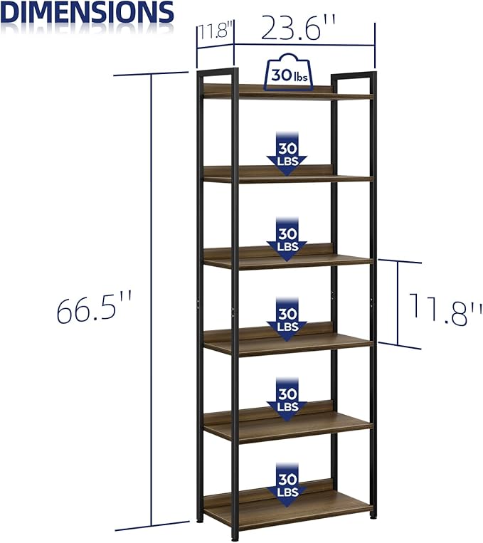 NUMENN Bookshelf, 6 Tier Bookshelves, Home Office Bookcase Shelf Storage Organizer, Free Standing Storage Shelving Unit for Bedroom, Living Room and Home Office, Dark Walnut