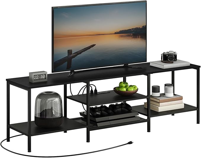HOOBRO TV Stand with Power Outlets to 75 Inches, TV Console Table with Open Storage Shelves Cabinet, Industrial Media Entertainment Center for Living Room Bedroom, Black BB80DS01