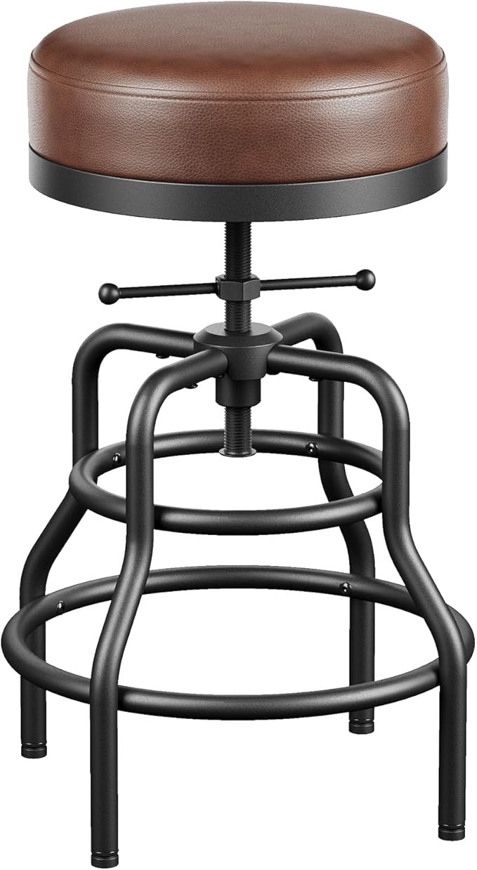 Raynesys Adjustable Height Swivel Bar Stool, 22-29 Inch Industrial Vintage Bar Counter Height Stool with Thicken Premium Bonded Leather Seat & Updated Footrest, Easy Assembly, Brown