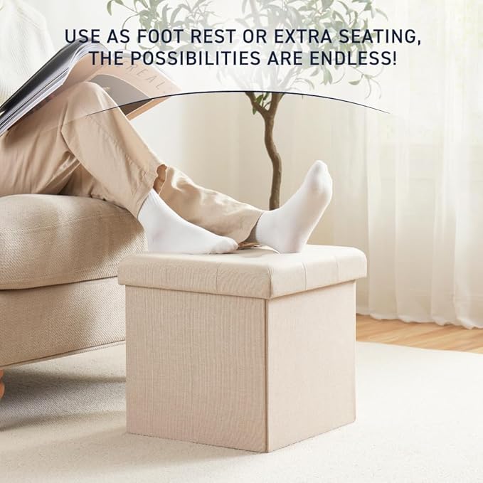 Ornavo Home Folding Storage Ottoman, 15 Inch Storage Cube with Lid, Foot Rest Stool for Bedroom, Living Room, Entryway, Tufted Linen Upholstered - Beige