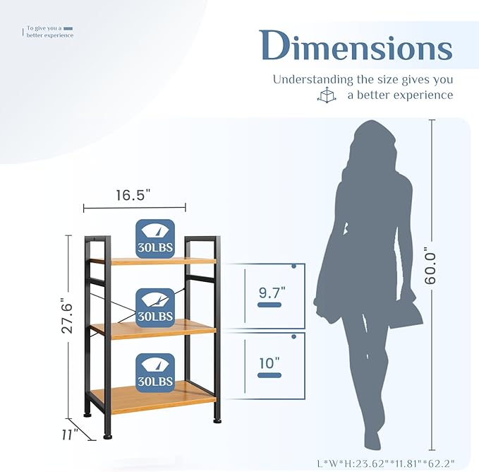 DUMOS 3 Tiers Open Bookshelf, Classic Freestanding Tall Display Shelf, Multifunctional Storage Organizer Rack for Living Room Home Office, Sturdy Bookcase for CDs/Books/Movies, Wood