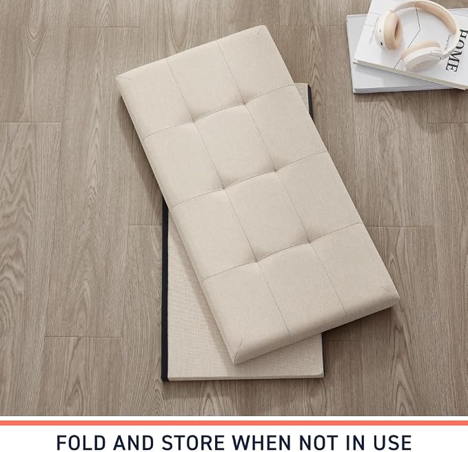 Ornavo Home Folding Storage Ottoman, 30 Inch Large Storage Bench with Lid, Foot Rest Stool for Bedroom, Living Room, Entryway, Tufted Linen Upholstered - Beige
