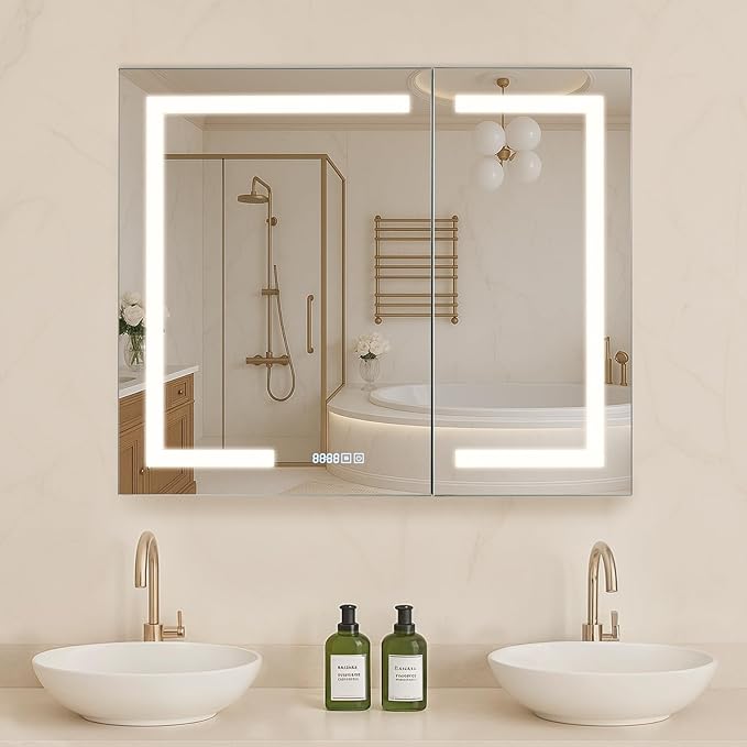 VEVOR Lighted Medicine Cabinet with Mirror, 36 x 30 in Recessed or Wall Mount, 3 Color Dimmable LED Bathroom Medicine Cabinet with HD Mirror, Clock, Adjustable Shelve Storage, Memory Defog Function