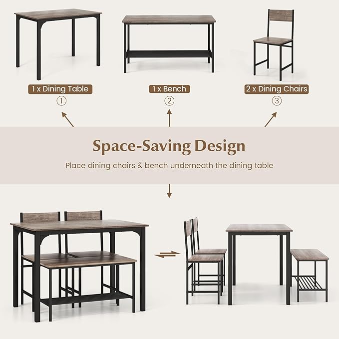 COSTWAY Dining Table Set for 4, Rectangular Kitchen Table Set with Bench and 2 Chairs, Storage Rack & Metal Frame, 4-Piece Dining Room Table and Chairs Set for Small Space, Apartment (Grey)