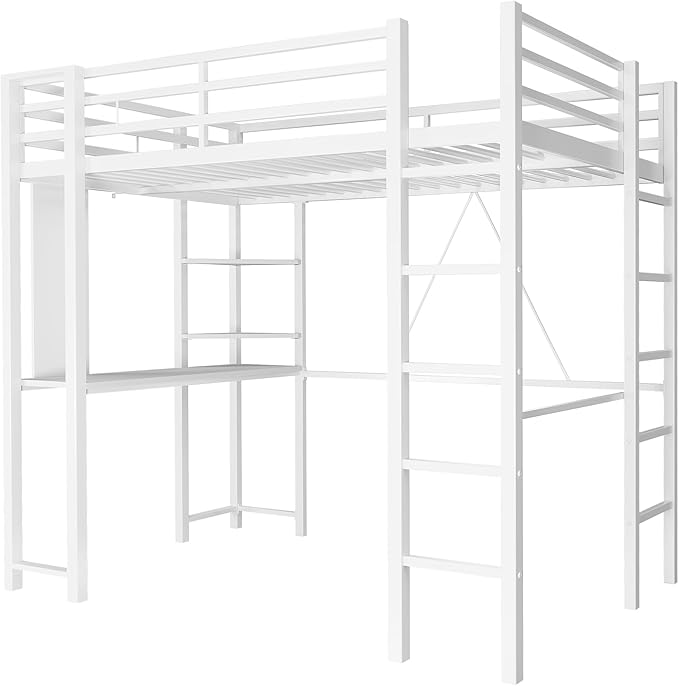 SUNLEI Loft Bed Full Size with Desk and Safety Guard Rail, Full Size Metal Bed Frame with Double Layer Shelves for Storage, 2 Security Ladders No Box Spring Needed, Snowy White