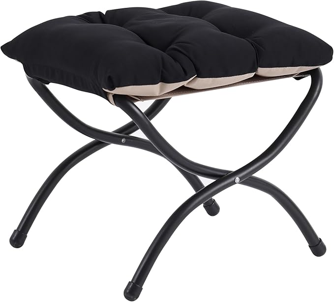 LITA Folding Upholstered Footrest Stool, Modern Small Portable Accent Ottoman with Detachable Thick Cotton Cushion Padded Sofa Stool with Metal Frame for Lazy Chair, Living Room & Bedroom, Black