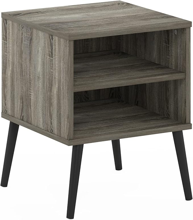 Furinno Claude Mid Century Style Nightstand with Wood Legs, 15.55 (D) x 15.55 (W) x 20.16 (H) inches, French Oak Grey