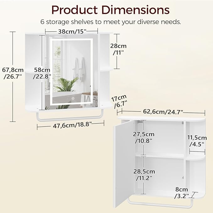 MAHANCRIS Bathroom Wall Cabinet with Mirror, Mirrored Medicine Cabinet with 3 Colors LED Light and 4 Open Shelves, Wall Mounted Storage Cabinets with Adjustable Shelf, 24.7"L x 6.7"W x 26.7"H, White