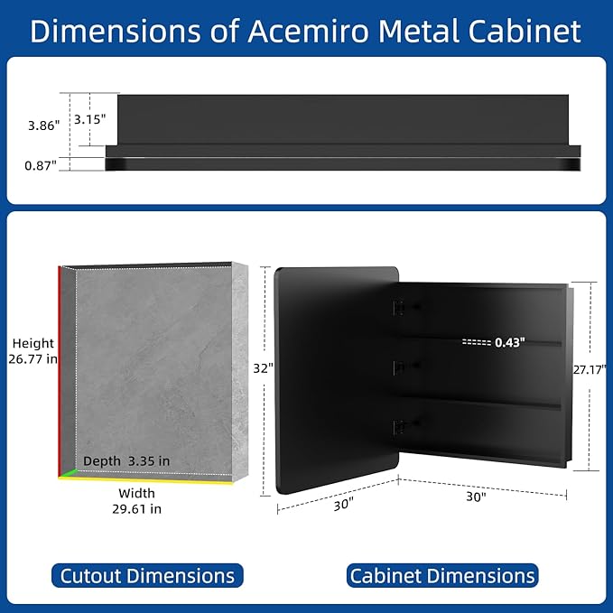 ACEMIRO 30x32 Inch Bathroom Medicine Cabinet with Mirror Black Metal Framed Mirror Cabinet Recessed or Surface Wall Mounted Medicine Cabinets for Bathroom