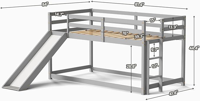 TOLEAD Low Bunk Bed with Slide, Floor Loft Bed with Climbing Ladder, Wood Twin Bunk Bed Frame with Full Guardrails & Storage Space for Kids Toddler