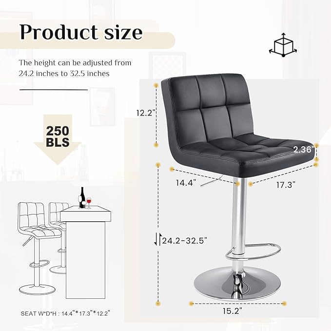 DUMOS Bar Stools Set of 2, 24 inch Counter Height Bar Stools, Upholstered Modern Kitchen Barstools with Metal Base, PU Leather Saddle Stools for Kitchen Island, Inky Black