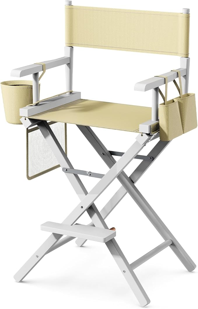 OmySalon 26" H Tall Directors Chair, Wooden Portable Folding Makeup Chair w/Storage Pouch & Footrest, Professional for Salon/Events/Mobile Services, 250lb Capacity, Beige Canvas